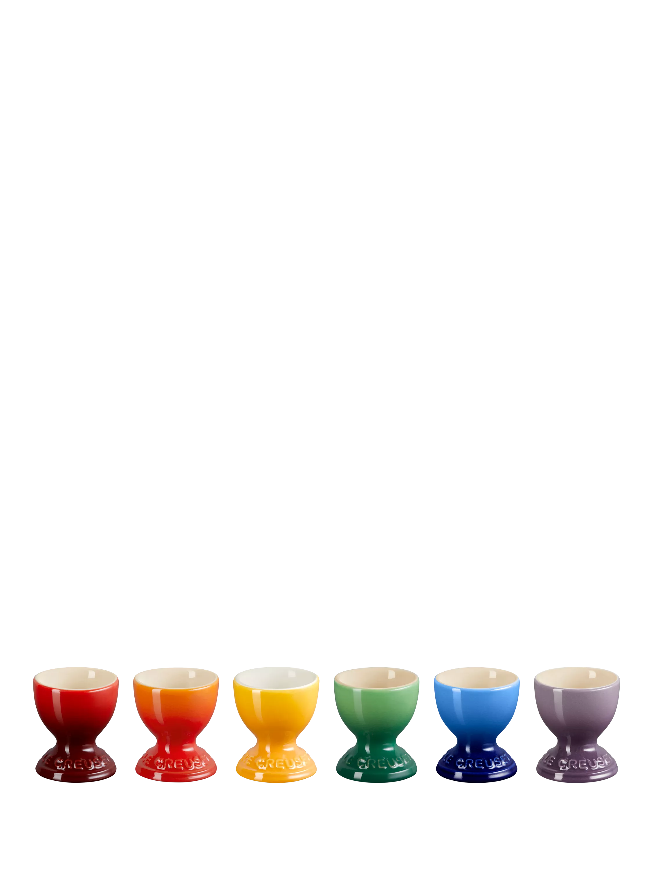 Le Creuset stoneware egg cups rainbow set of 6, UK version