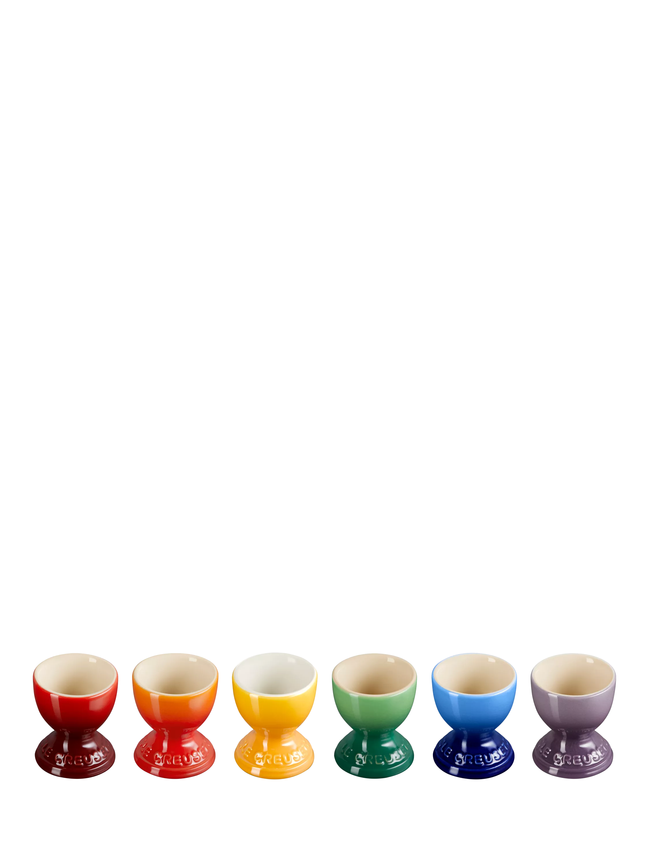Le Creuset stoneware egg cups rainbow set of 6, UK version