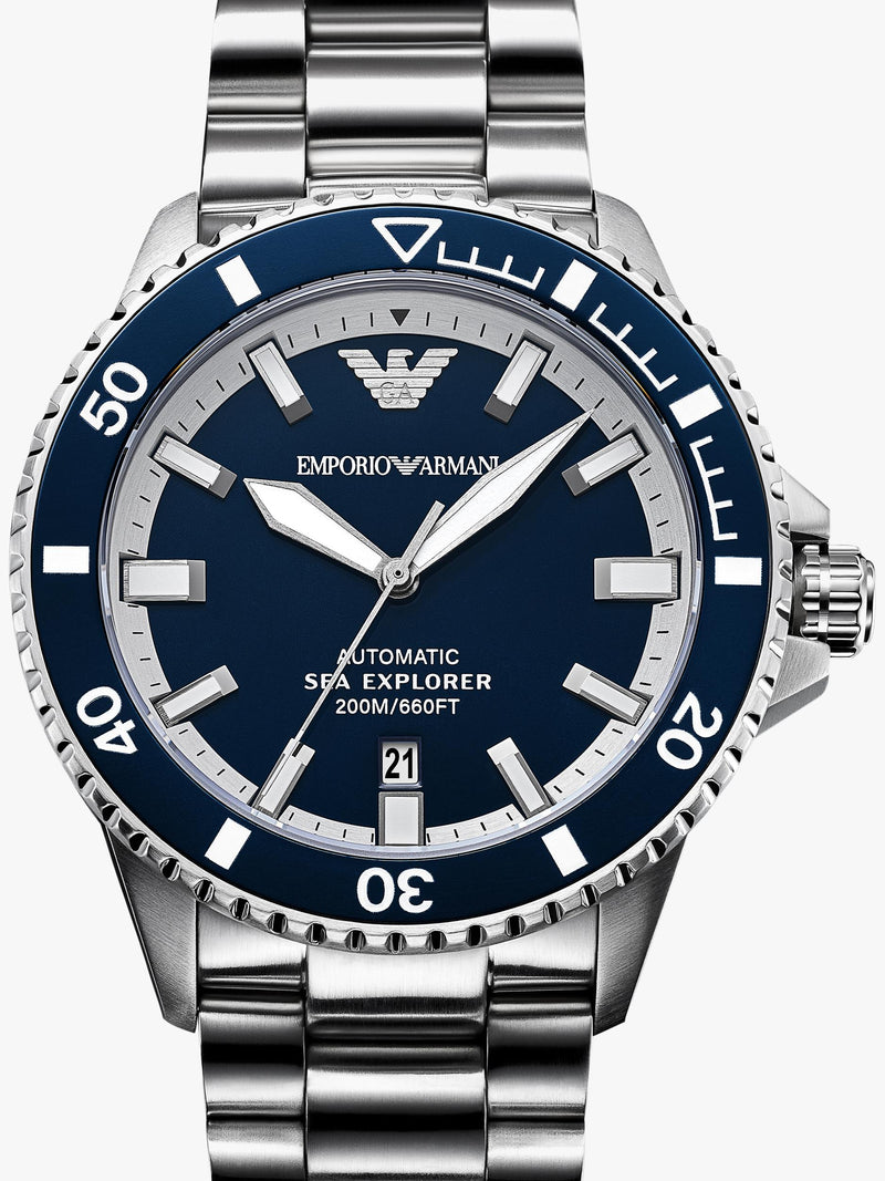 Emporio Armani Sea Explorer watch blue dial stainless steel bracelet (British brand)