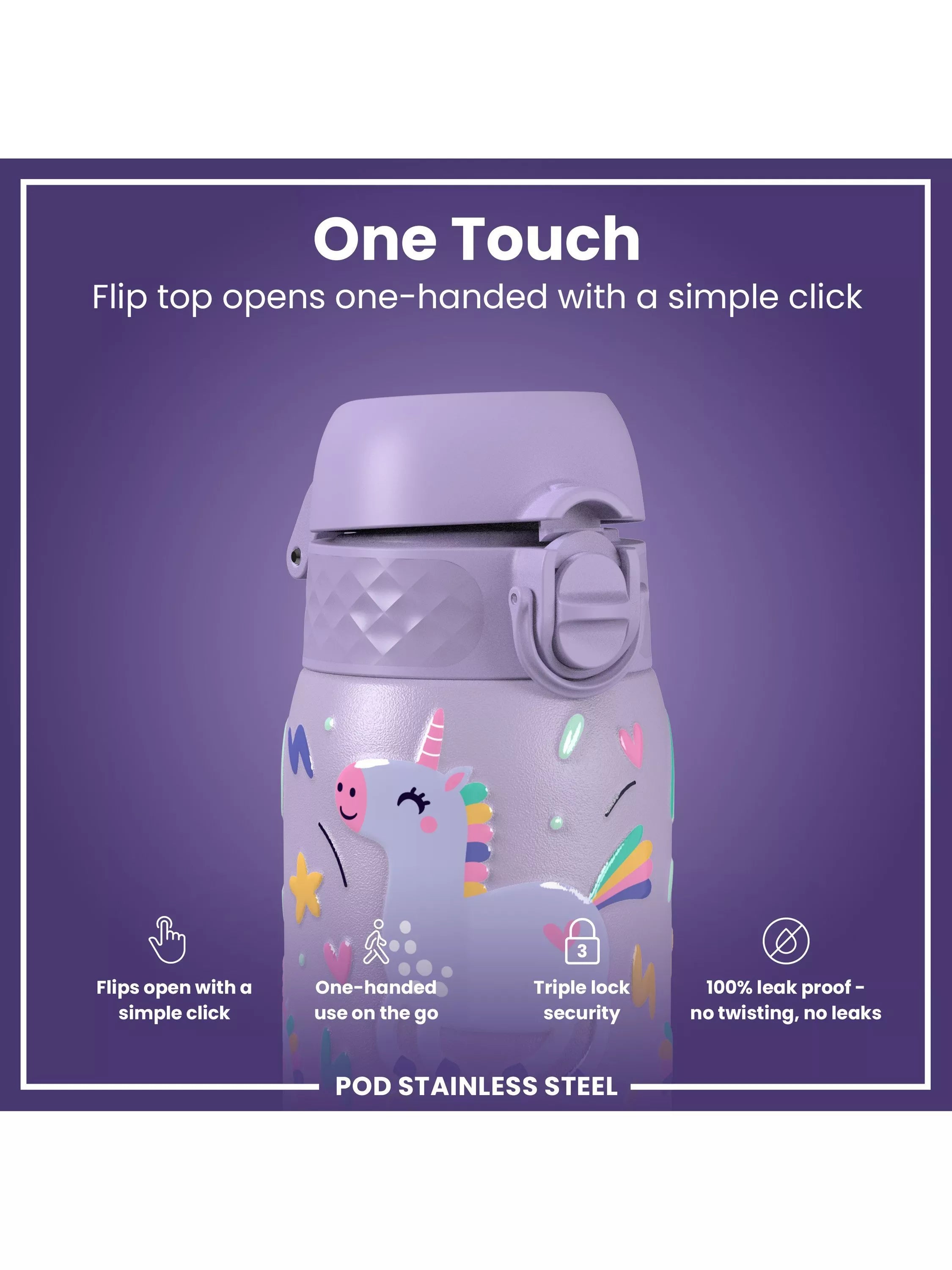 Ion8 kids stainless steel leak-proof drinks bottle Unicorn 400ml, UK version