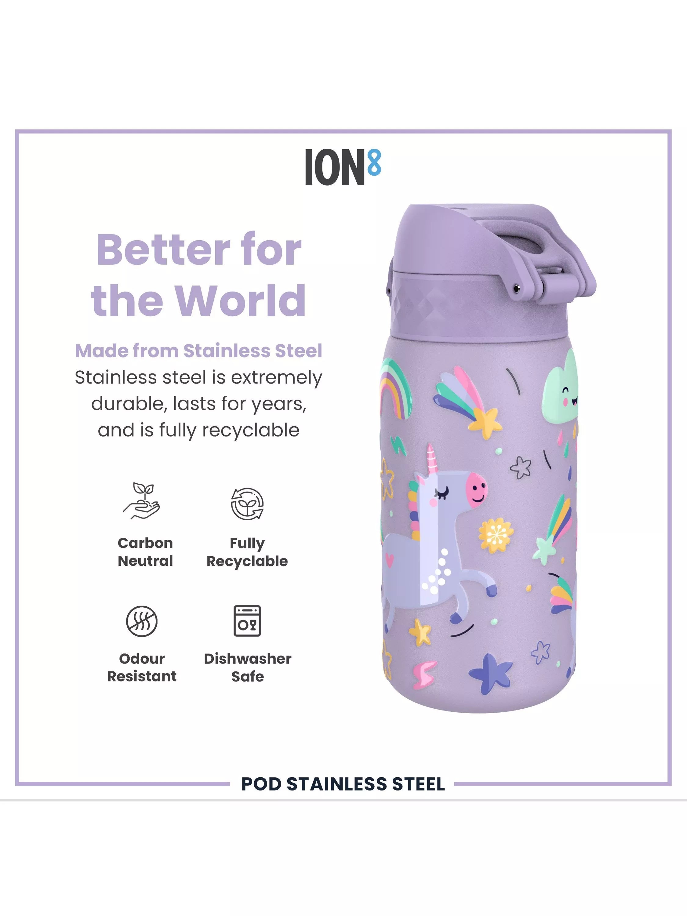 Ion8 kids stainless steel leak-proof drinks bottle Unicorn 400ml, UK version