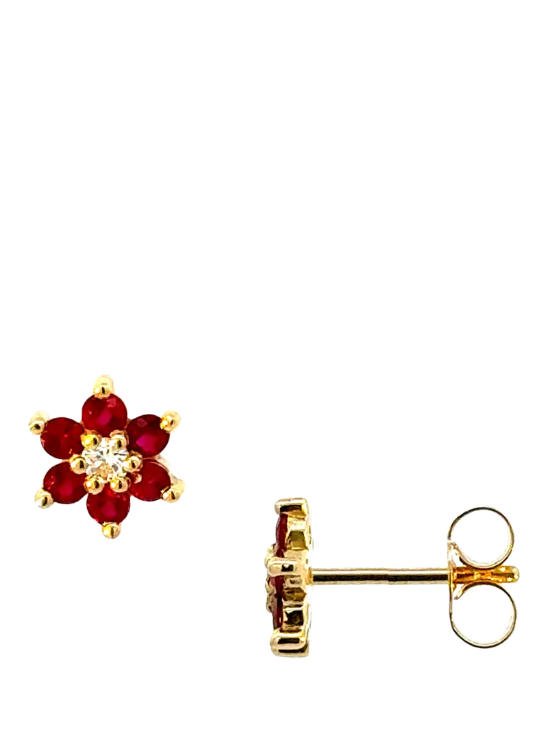 E.W Adams ruby and diamond cluster stud earrings in 18ct yellow gold, UK version
