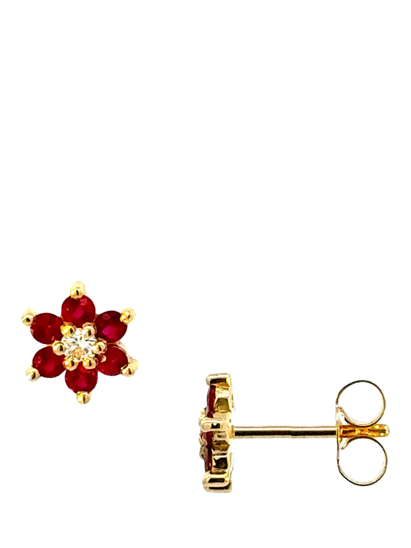 E.W Adams ruby and diamond cluster stud earrings in 18ct yellow gold, UK version
