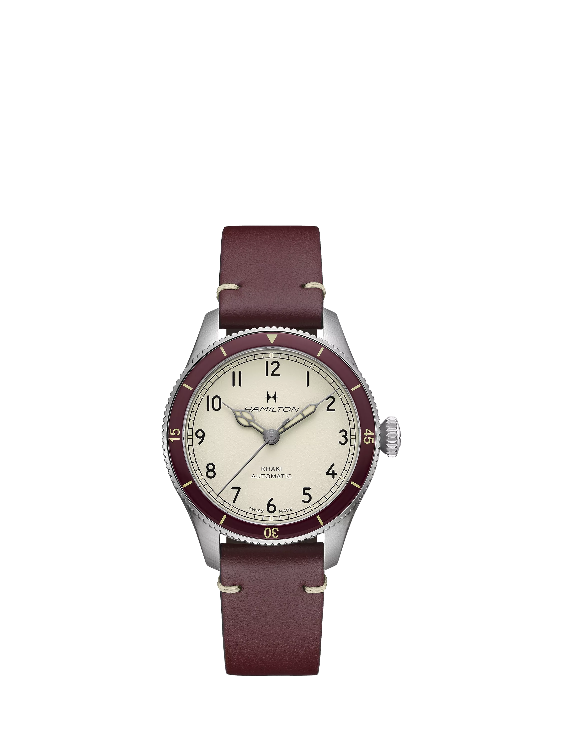 Hamilton Pilot Pioneer automatic watch red leather strap stainless steel, imported from the UK