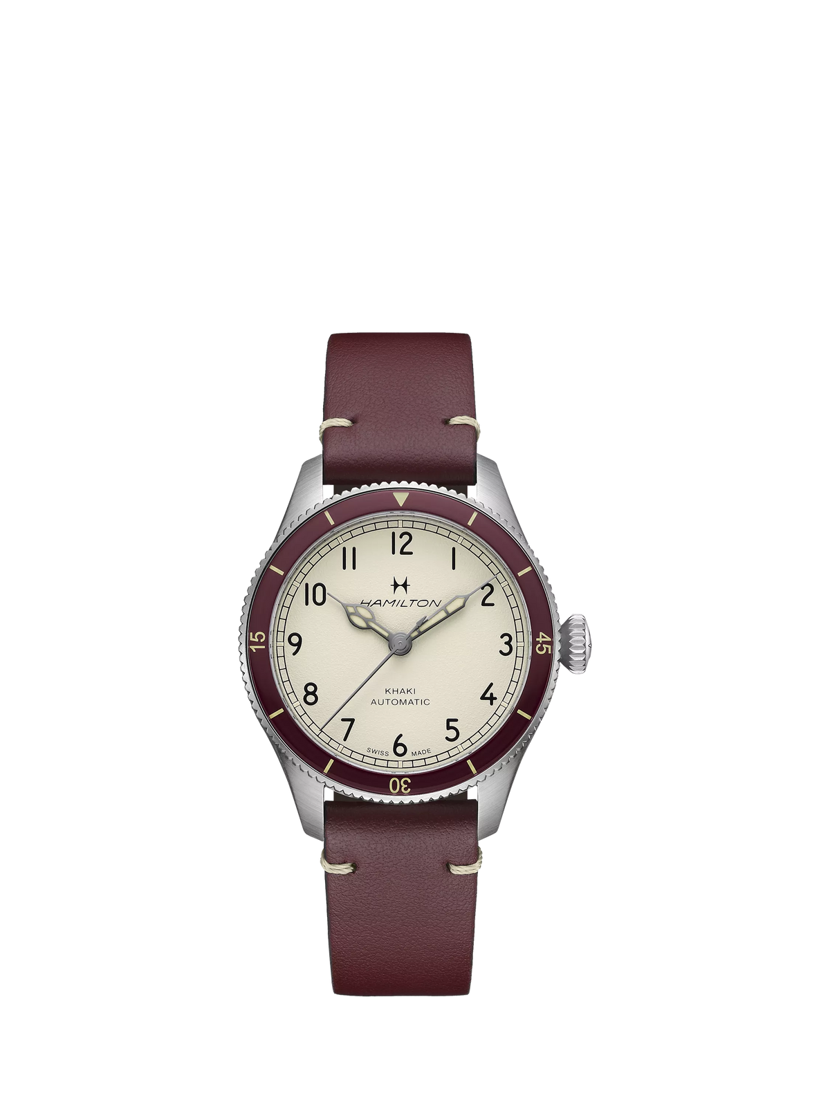 Hamilton Pilot Pioneer automatic watch red leather strap stainless steel, imported from the UK