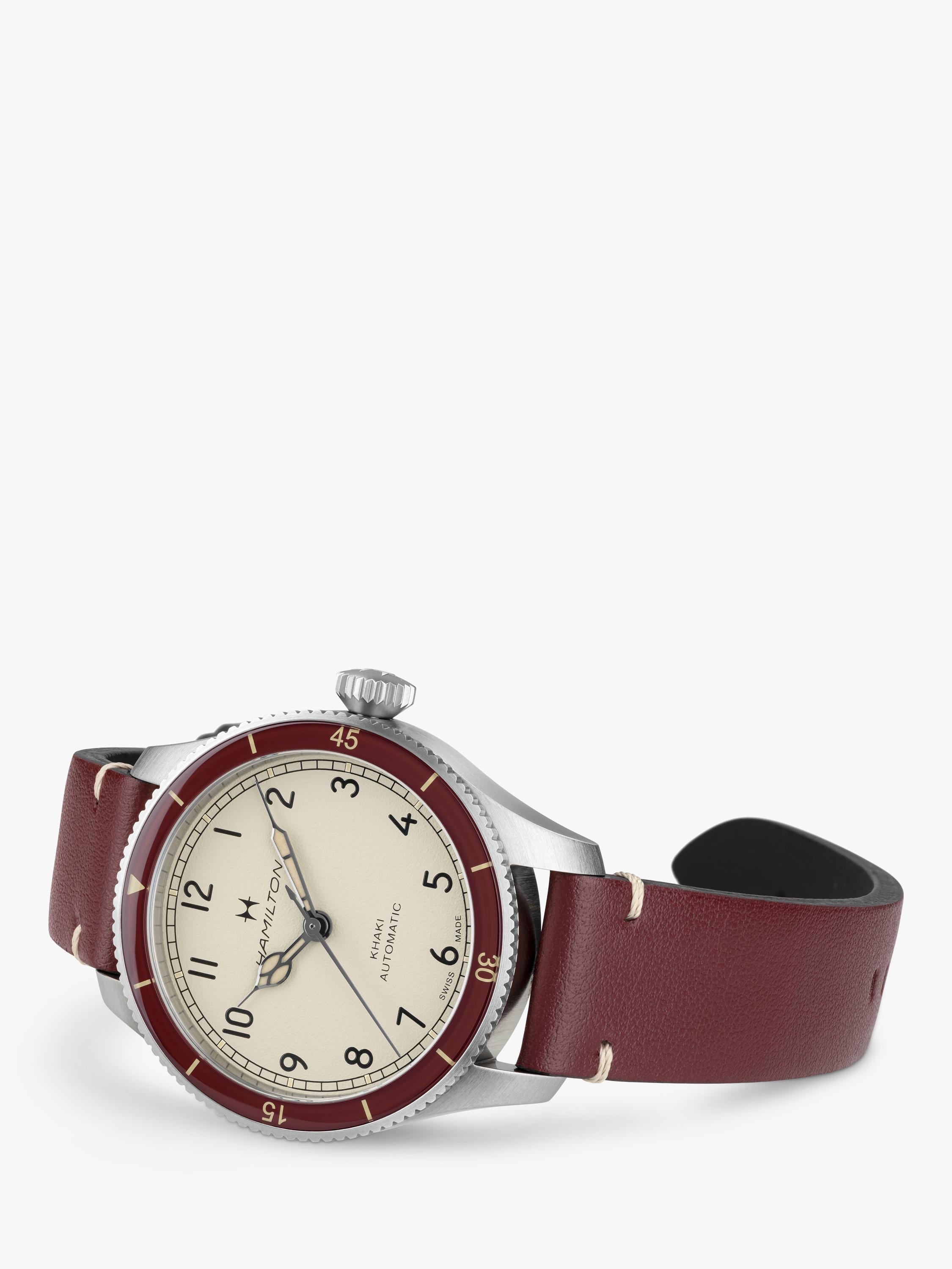 Hamilton Pilot Pioneer automatic watch red leather strap stainless steel, imported from the UK