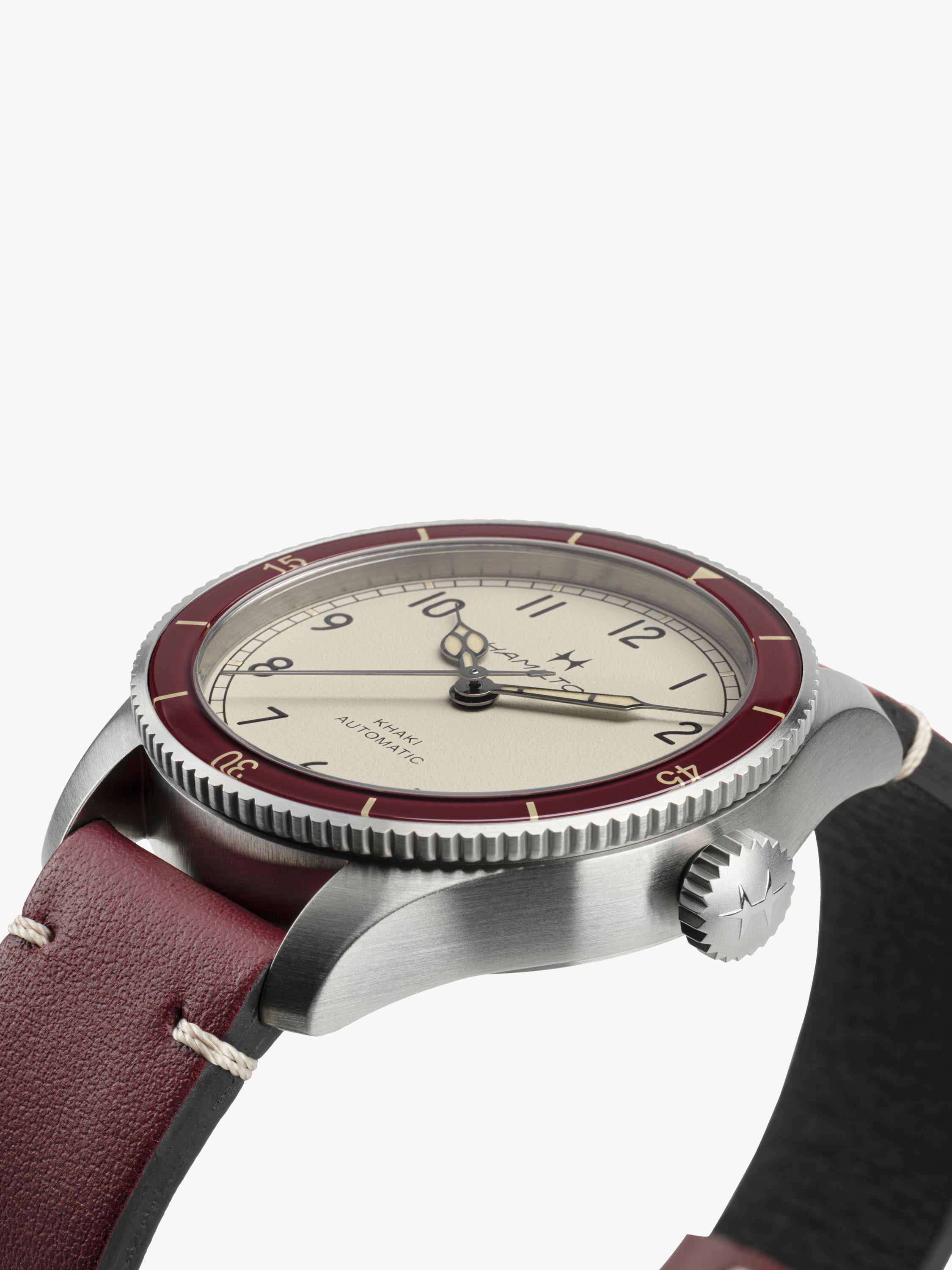 Hamilton Pilot Pioneer automatic watch red leather strap stainless steel, imported from the UK