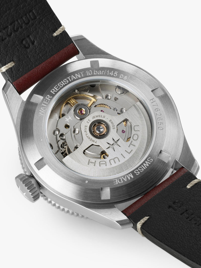 Hamilton Pilot Pioneer automatic watch red leather strap stainless steel, imported from the UK