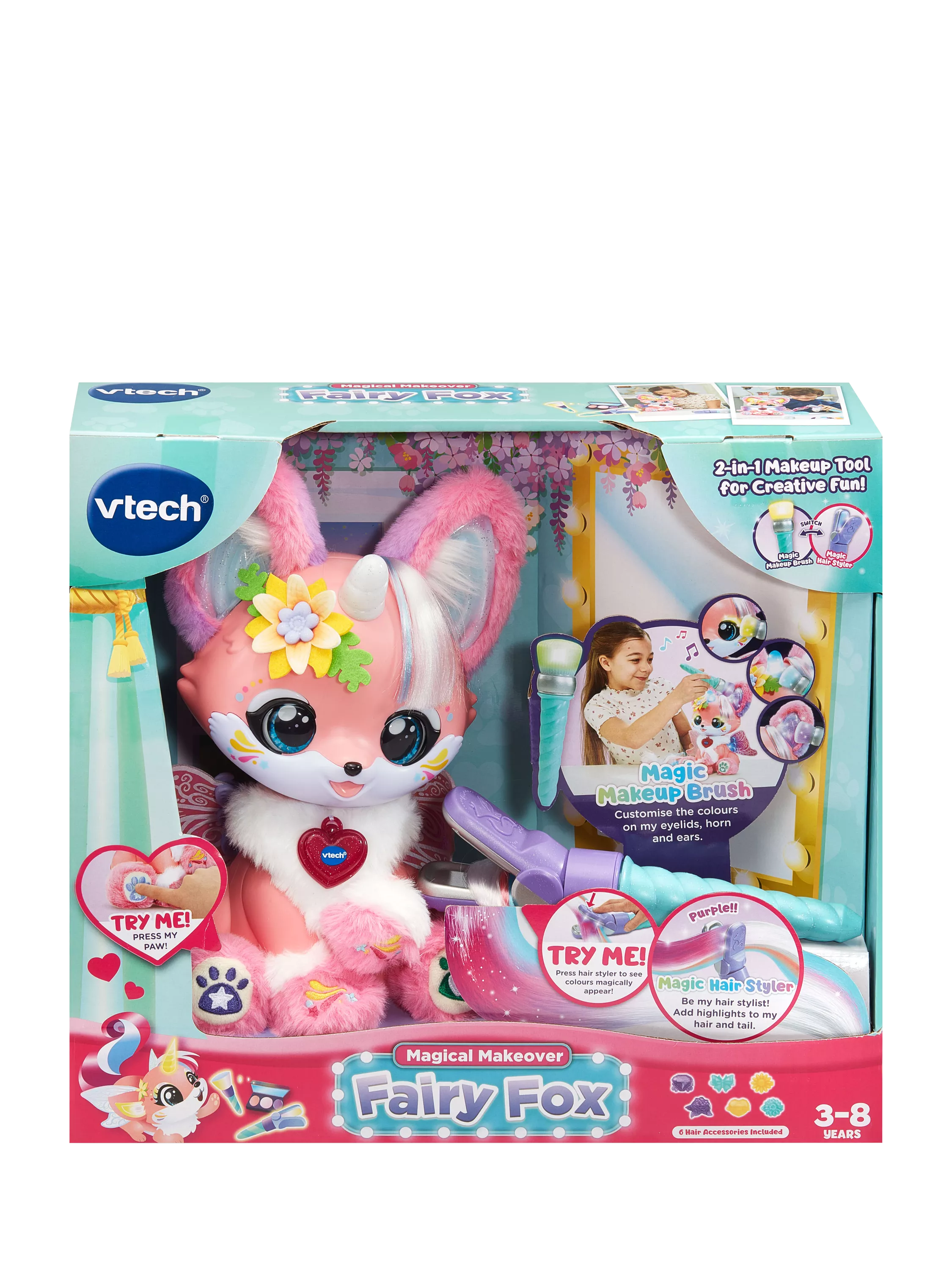 VTech magical makeover fairy fox toy with 2-in-1 makeup brush and hair straightener (British brand)