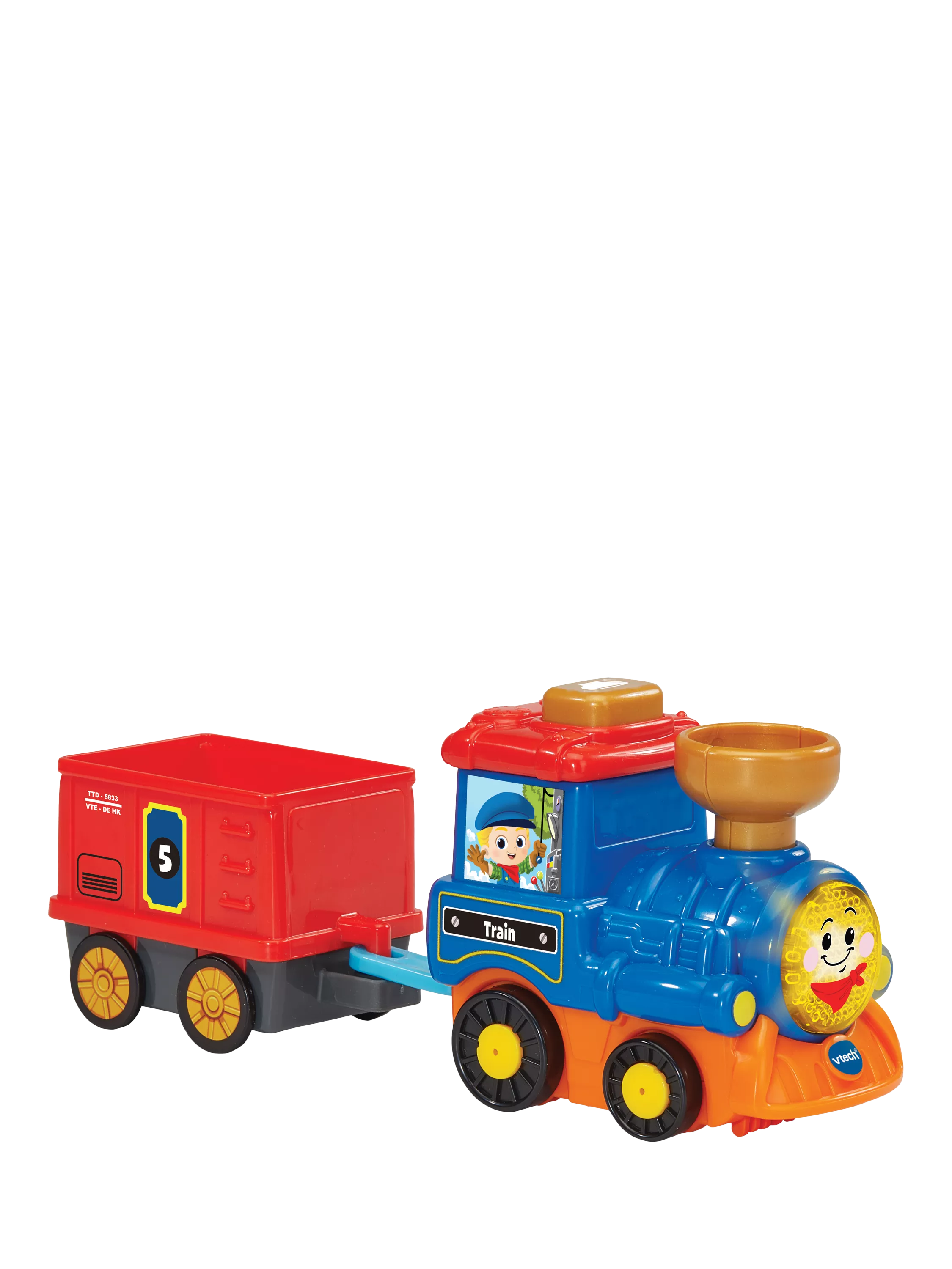 VTech interactive cargo train toy with light-up button and sound effects (British brand)