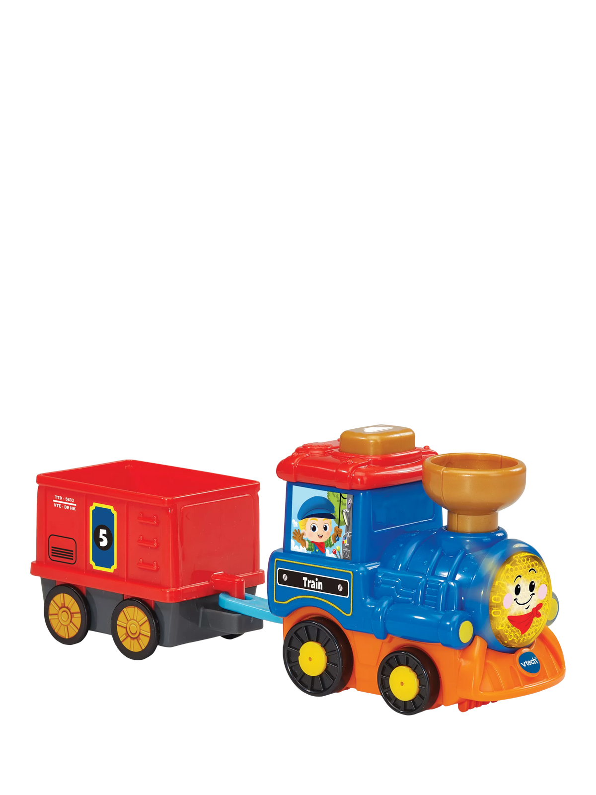 VTech interactive cargo train toy with light-up button and sound effects (British brand)