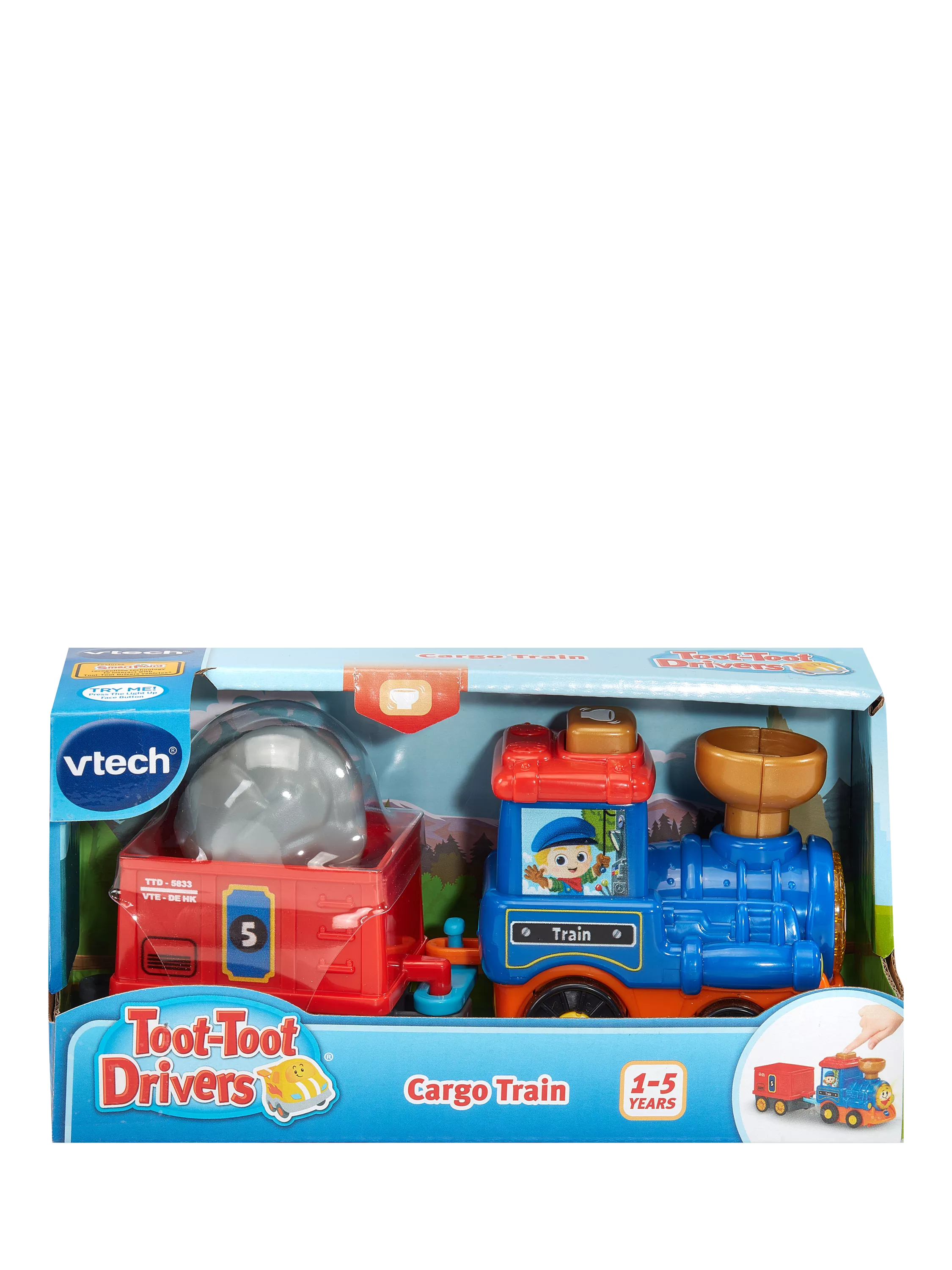 VTech interactive cargo train toy with light-up button and sound effects (British brand)