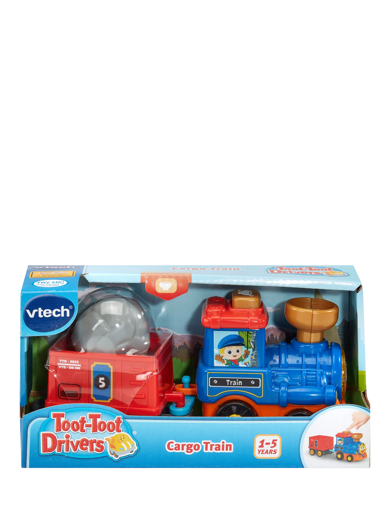 VTech interactive cargo train toy with light-up button and sound effects (British brand)