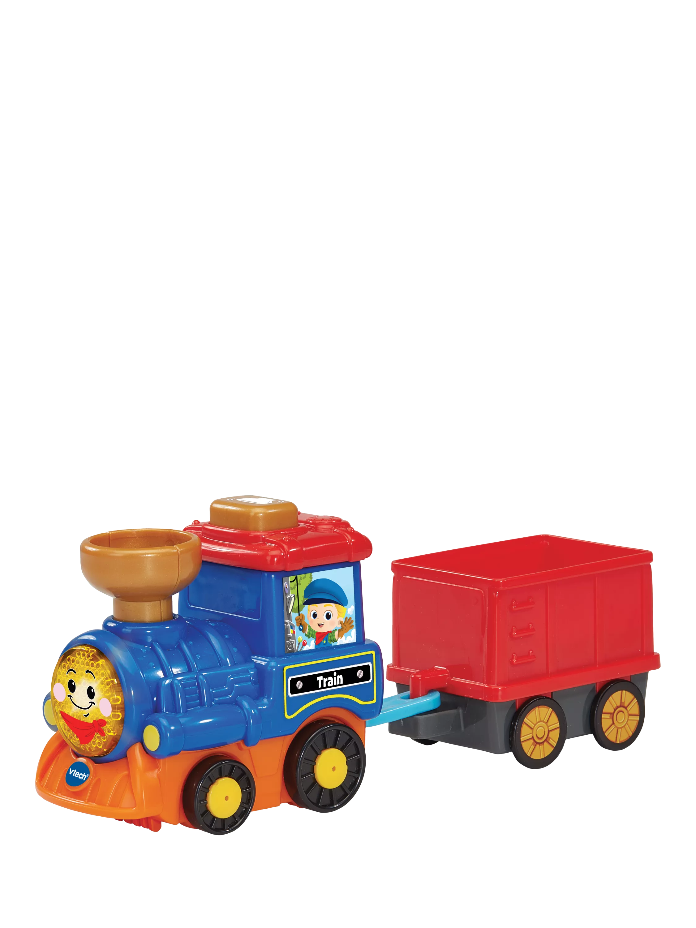 VTech interactive cargo train toy with light-up button and sound effects (British brand)