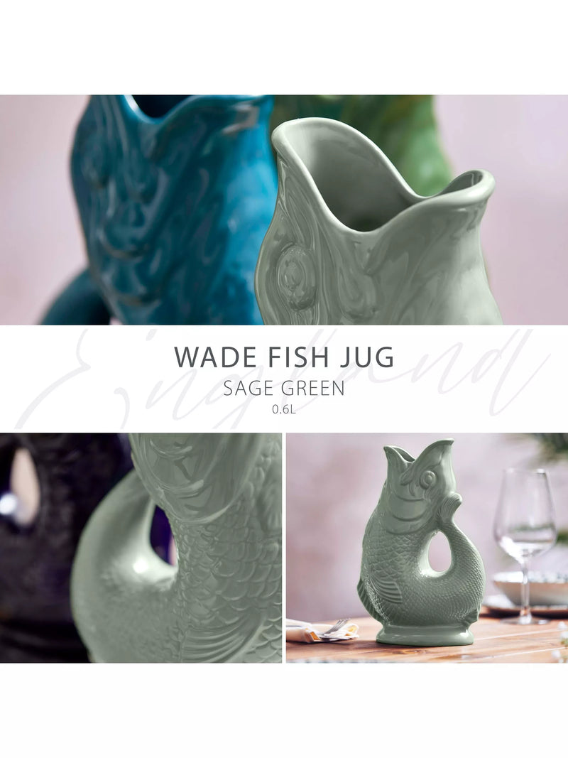 Wade Pottery fish earthenware jug 600ml sage green, UK version