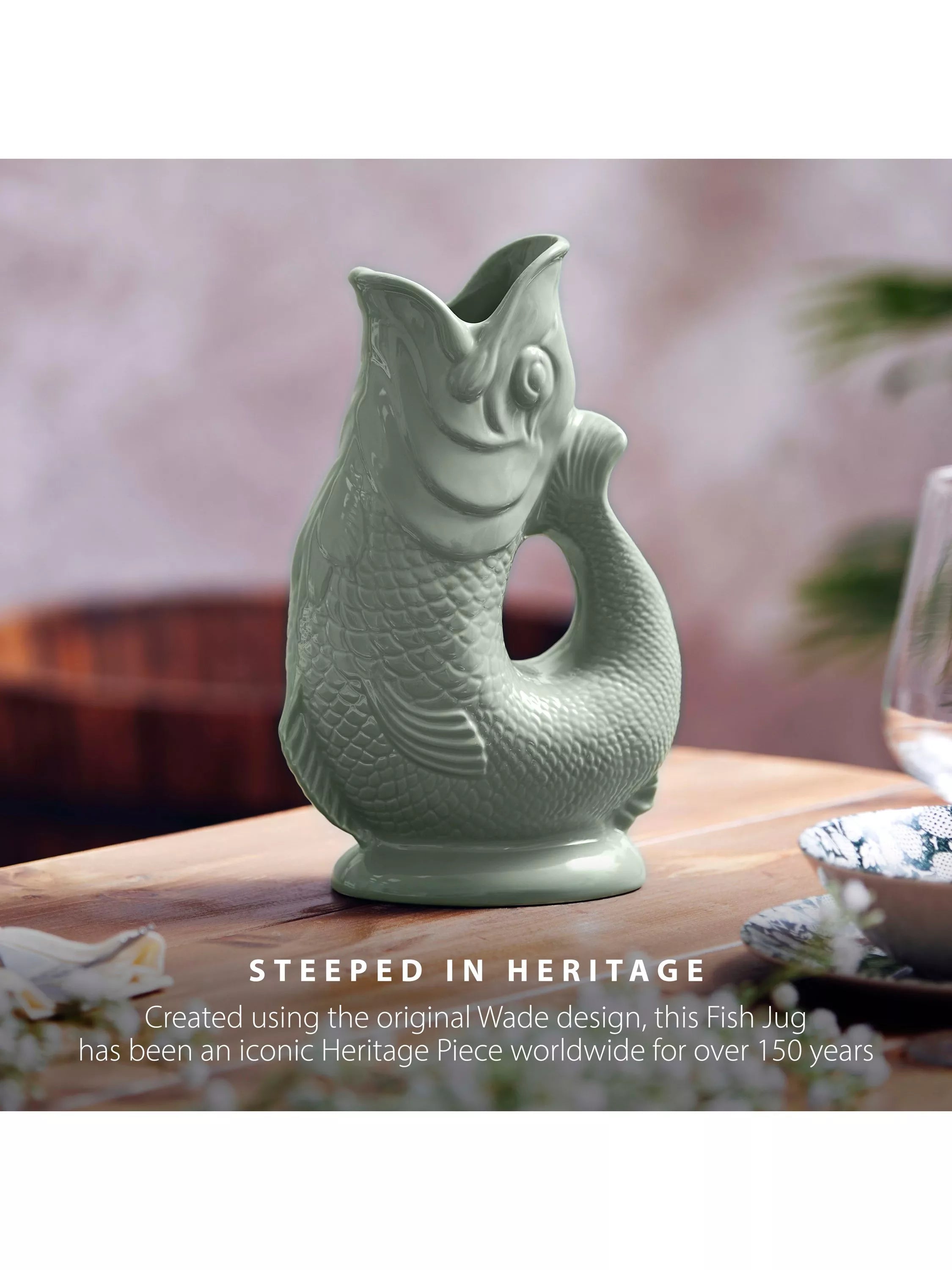 Wade Pottery fish earthenware jug 600ml sage green, UK version