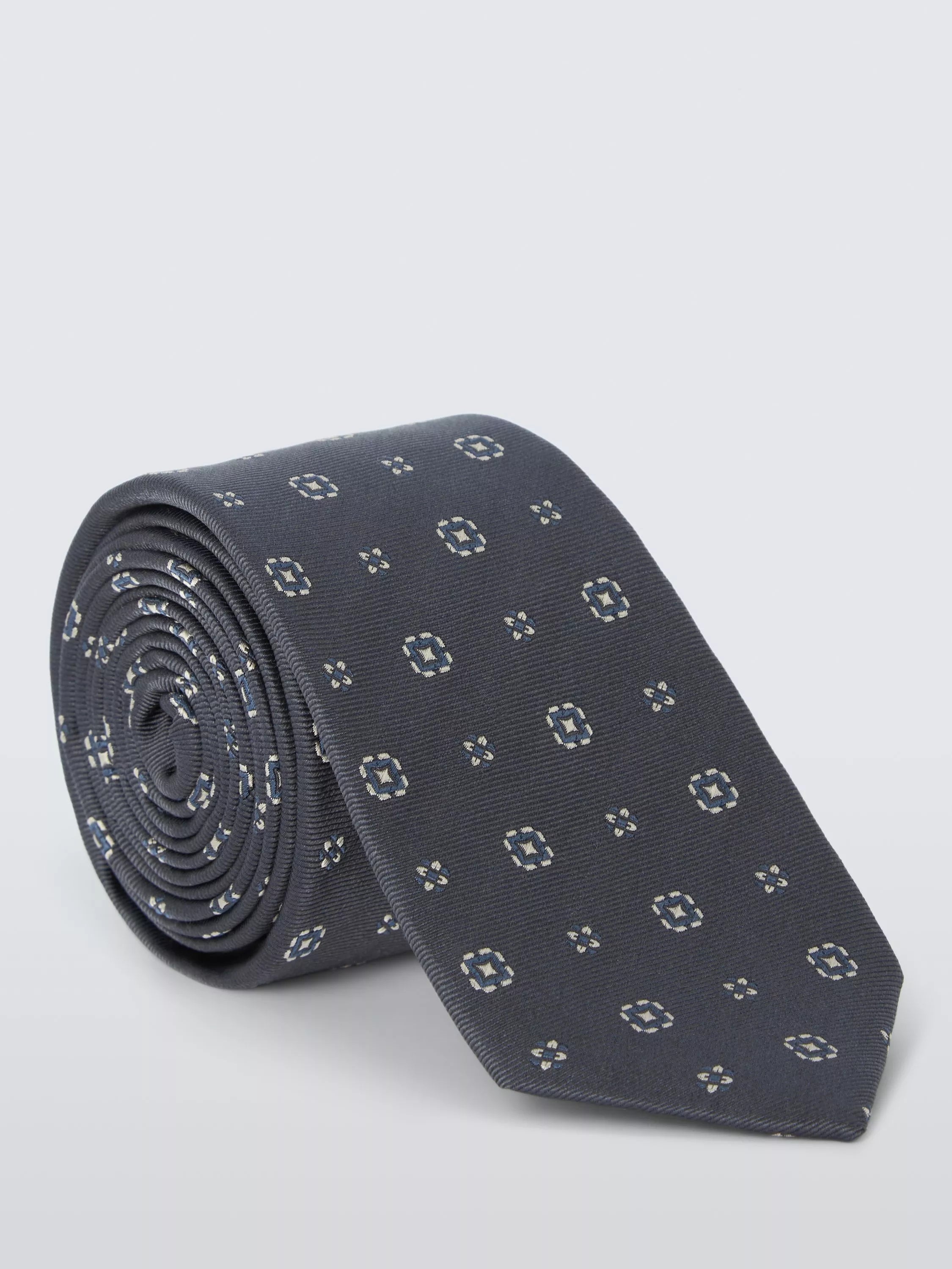 John Lewis small square foulard silk tie in grey - British product