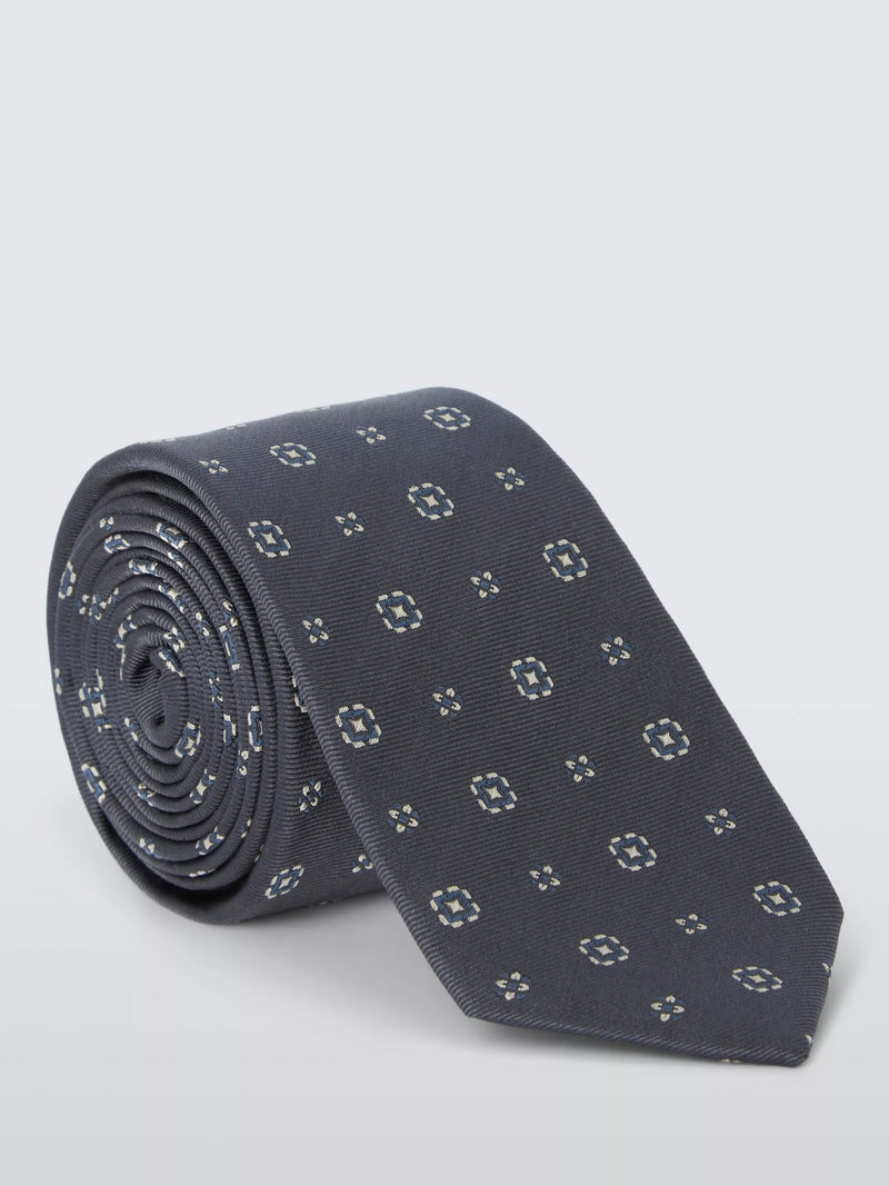 John Lewis small square foulard silk tie in grey - British product