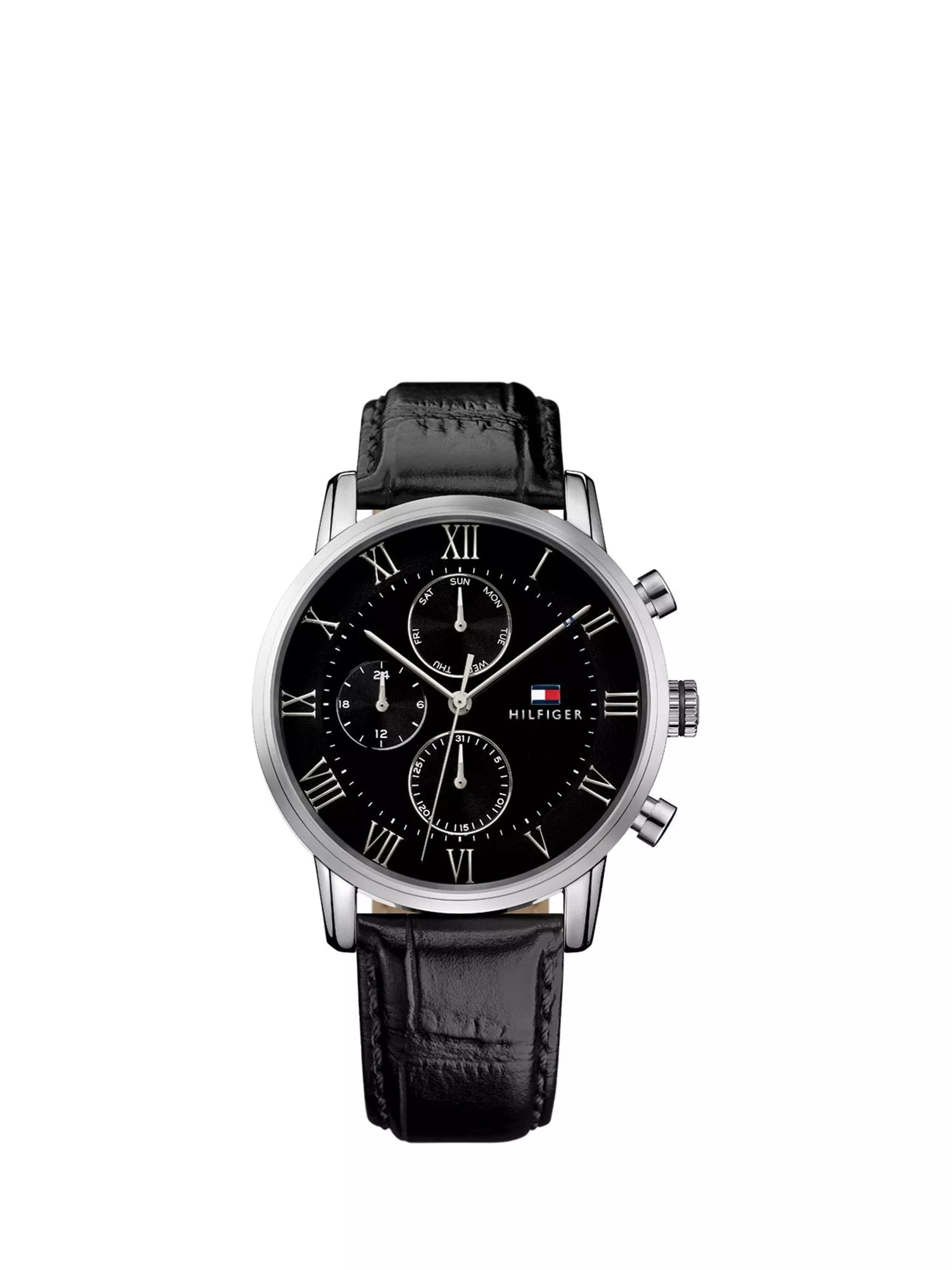 Tommy Hilfiger chronograph watch black leather strap 44mm, UK version