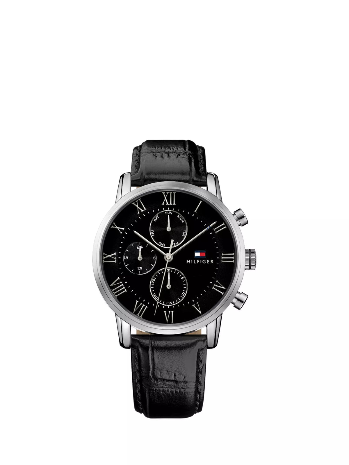 Tommy Hilfiger chronograph watch black leather strap 44mm, UK version
