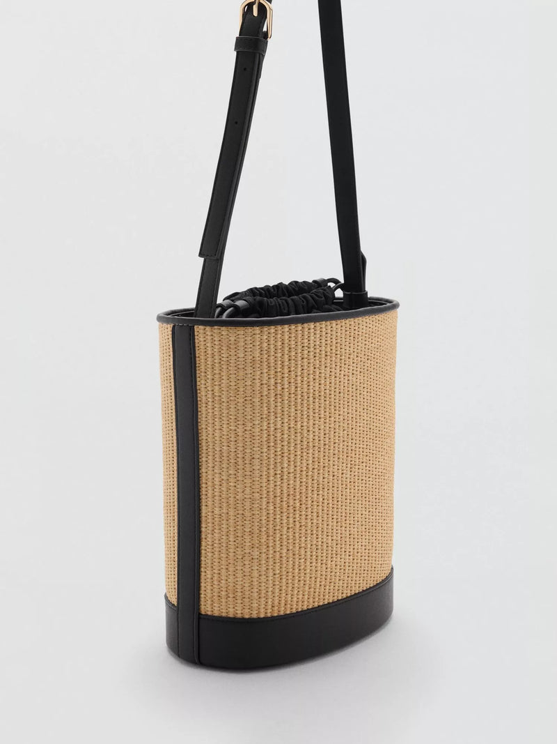 Mango Coin medium raffia bucket bag black (British brand)