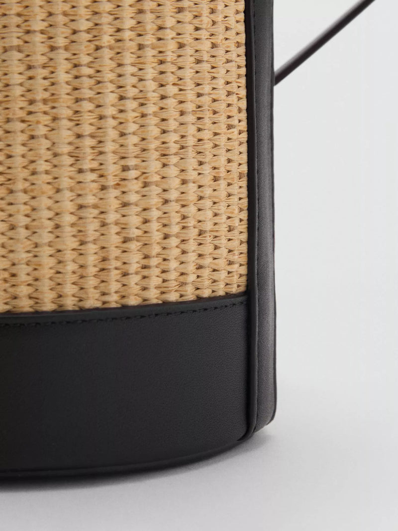 Mango Coin medium raffia bucket bag black (British brand)