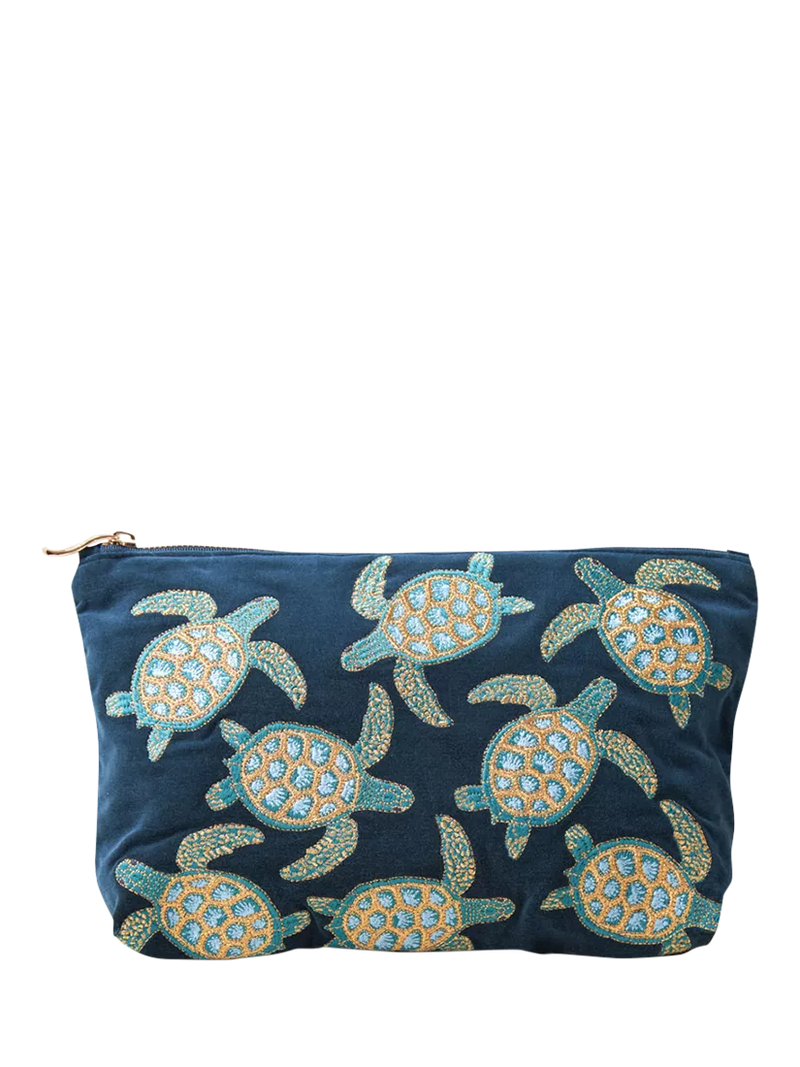 Elizabeth Scarlett navy cotton zip pouch with turtle embroidery - British product