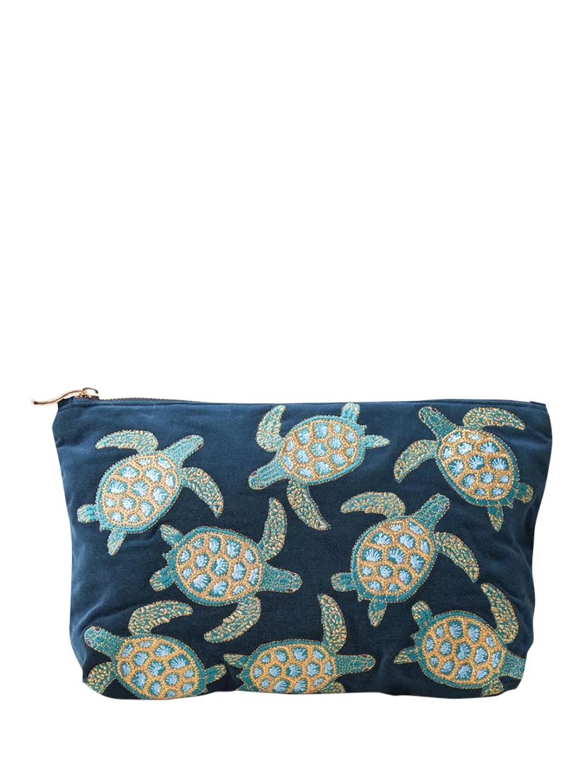Elizabeth Scarlett navy cotton zip pouch with turtle embroidery - British product