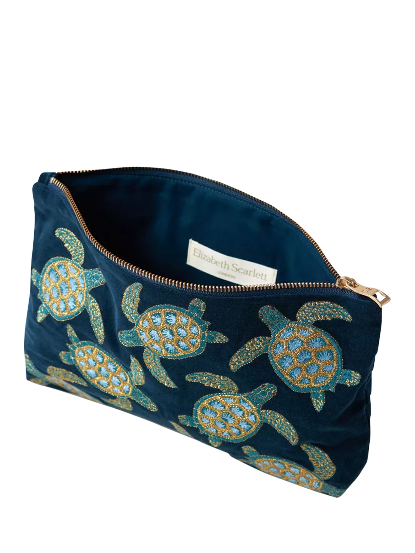 Elizabeth Scarlett navy cotton zip pouch with turtle embroidery - British product