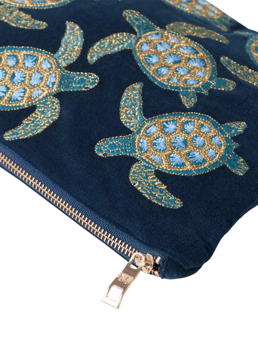 Elizabeth Scarlett navy cotton zip pouch with turtle embroidery - British product