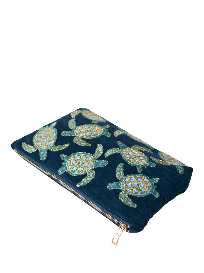 Elizabeth Scarlett navy cotton zip pouch with turtle embroidery - British product