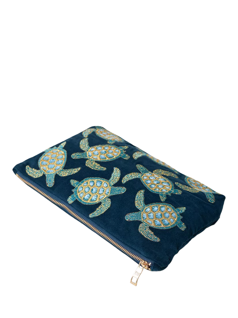 Elizabeth Scarlett navy cotton zip pouch with turtle embroidery - British product