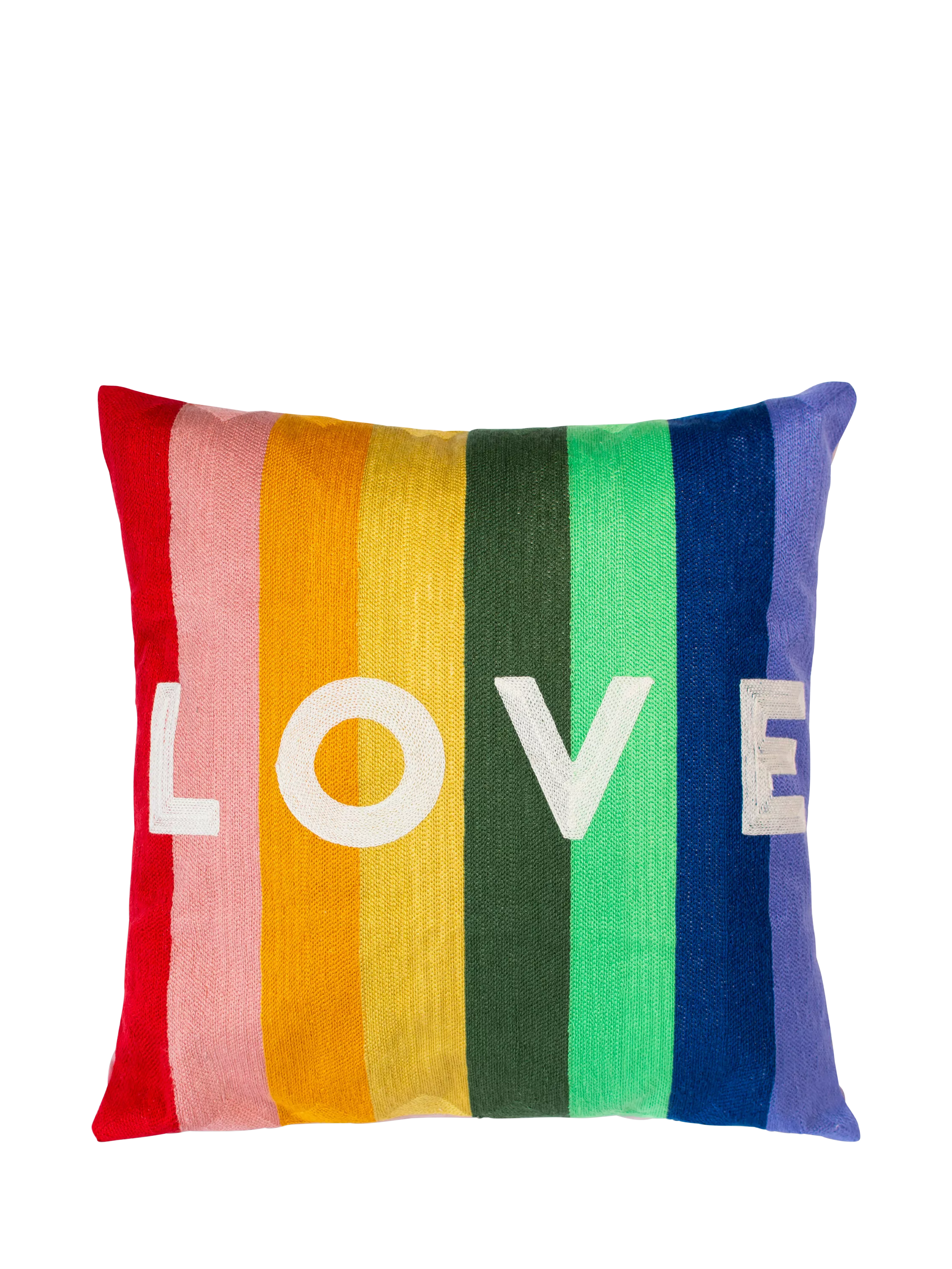 The Pillow Drop love cushion rainbow design, imported from the UK