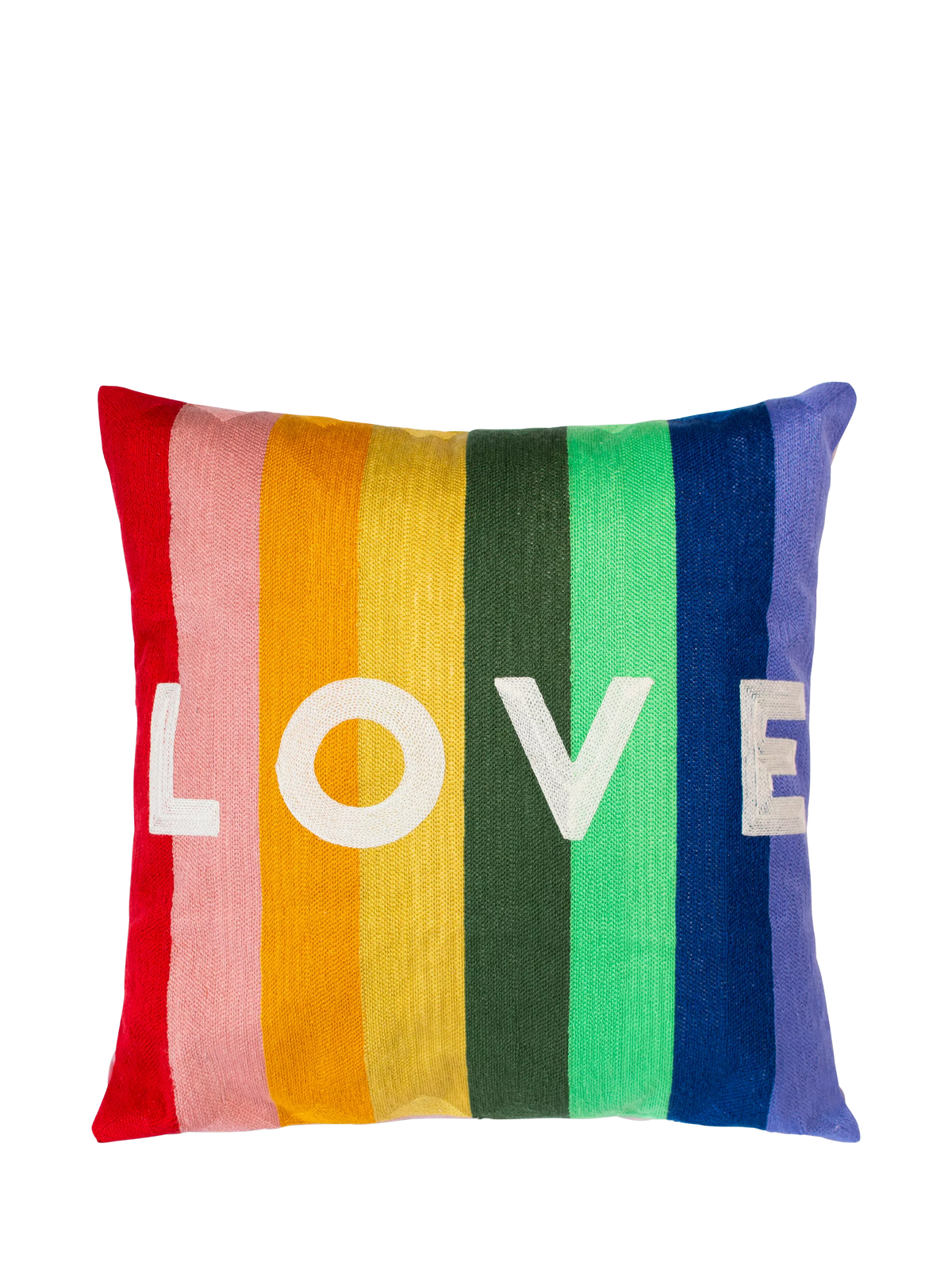 The Pillow Drop love cushion rainbow design, imported from the UK