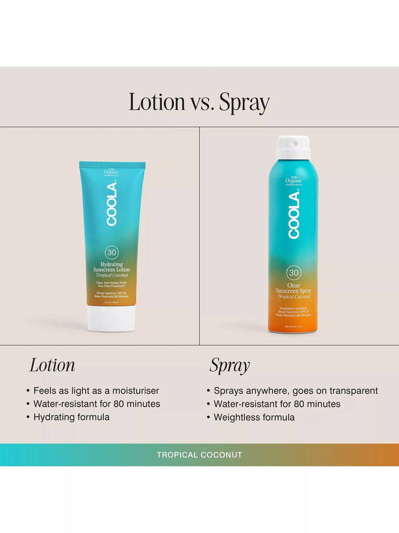 COOLA clear sunscreen spray SPF 30 tropical coconut 177ml, UK version
