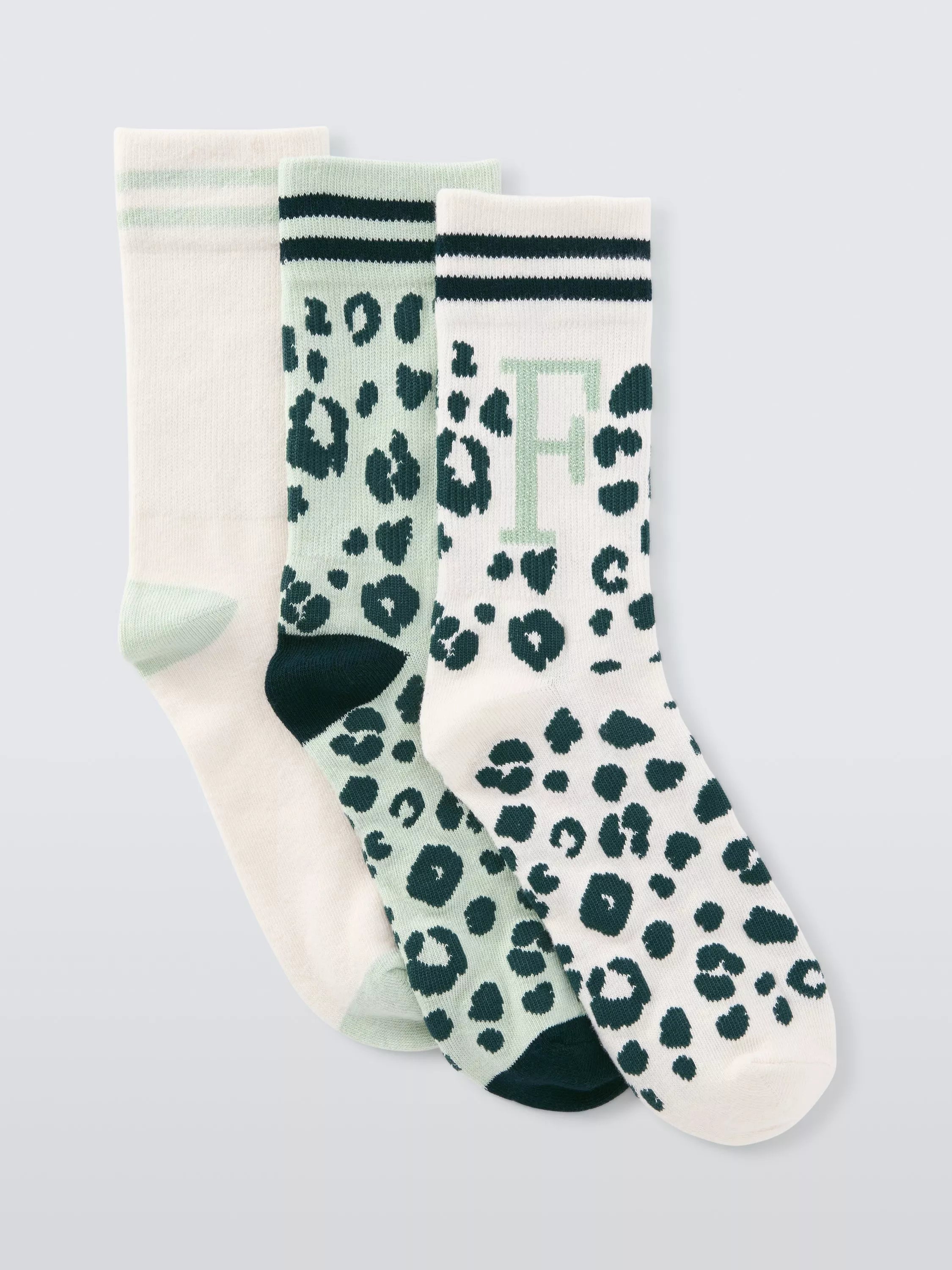 John Lewis Animal Print Alphabet Ankle Socks, Pack of 3, Green/Multi