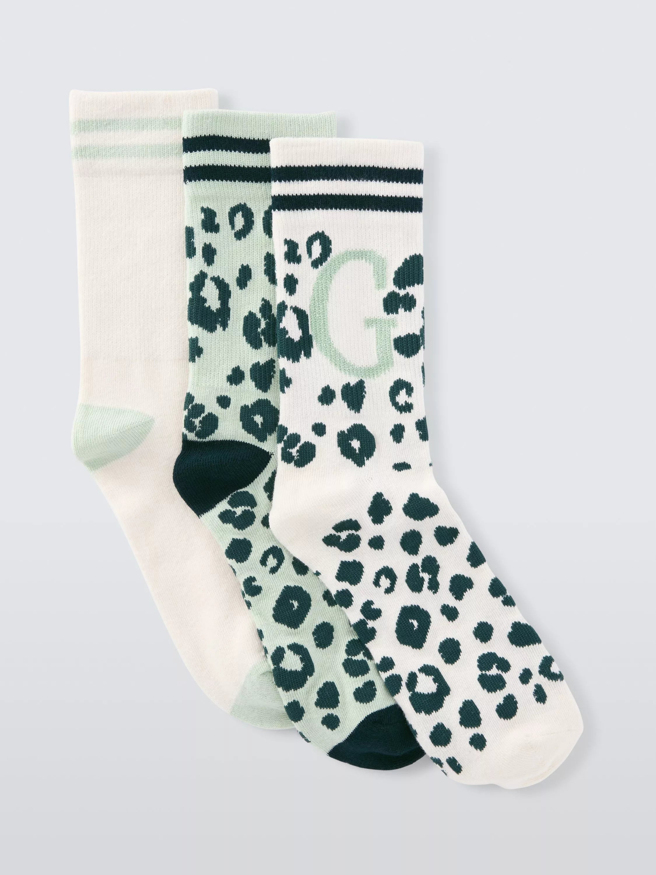 John Lewis Animal Print Alphabet Ankle Socks, Pack of 3, Green/Multi