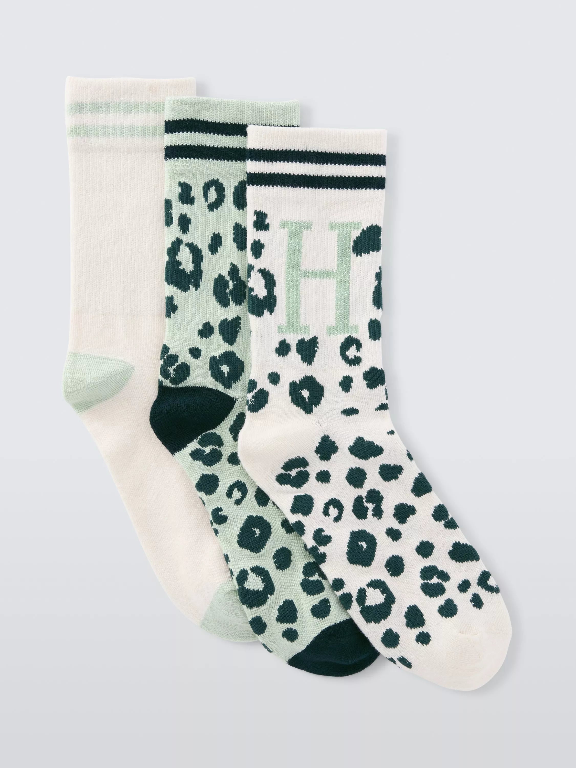 John Lewis Animal Print Alphabet Ankle Socks, Pack of 3, Green/Multi