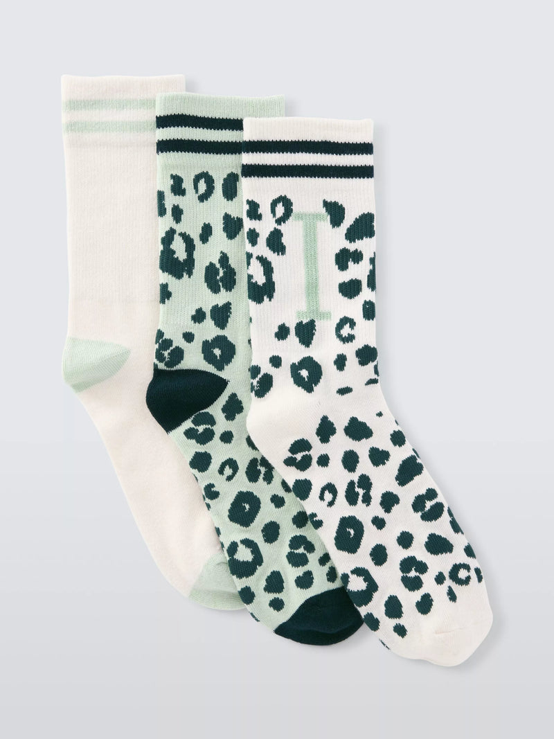 John Lewis Animal Print Alphabet Ankle Socks, Pack of 3, Green/Multi