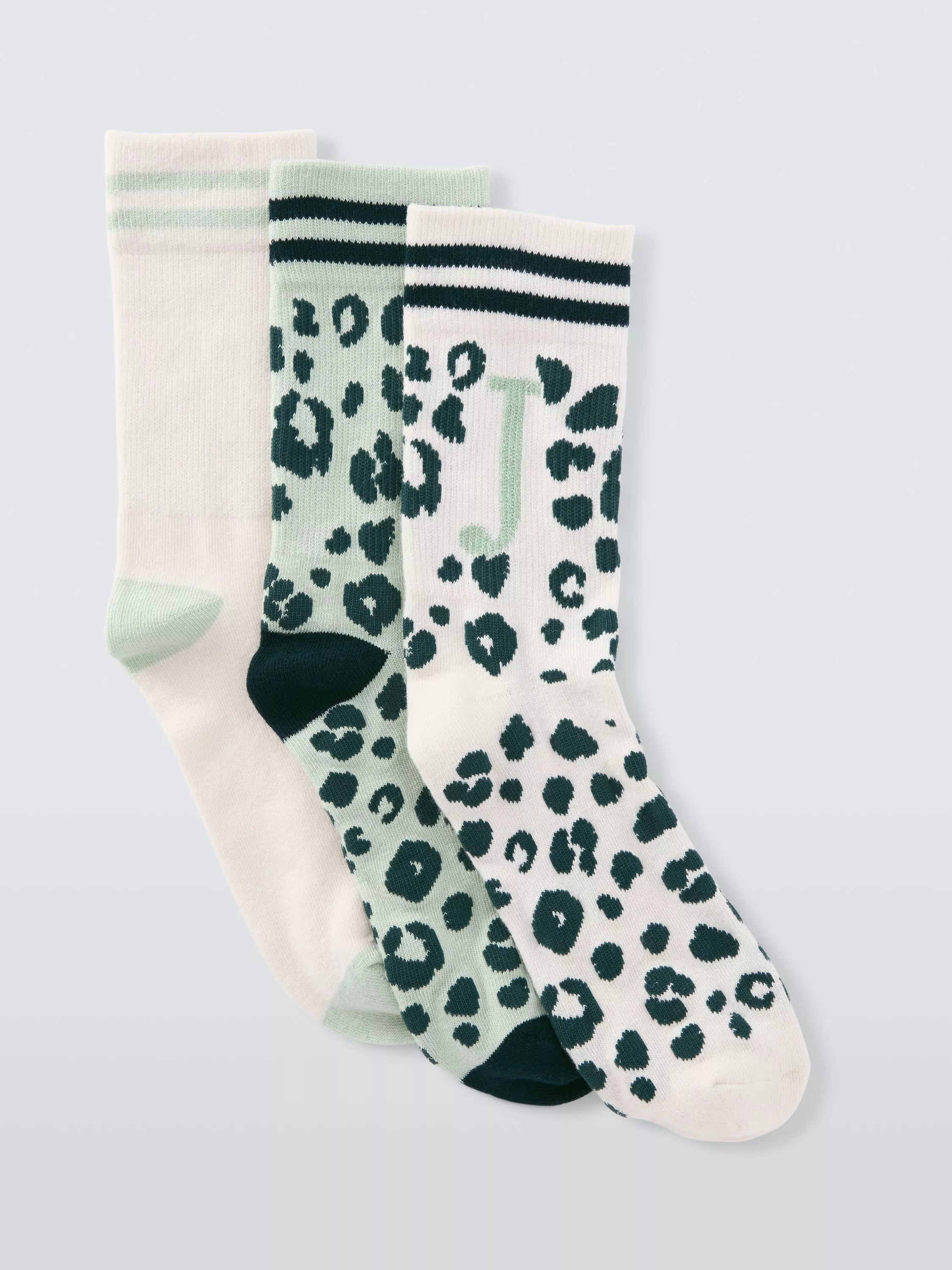 John Lewis Animal Print Alphabet Ankle Socks, Pack of 3, Green/Multi