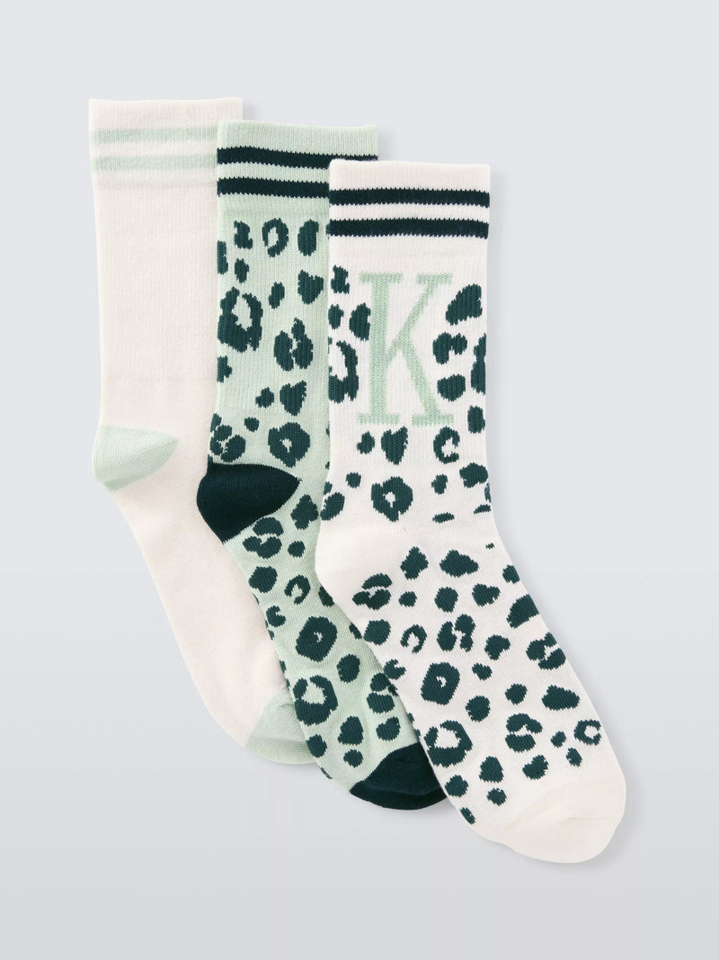 John Lewis Animal Print Alphabet Ankle Socks, Pack of 3, Green/Multi