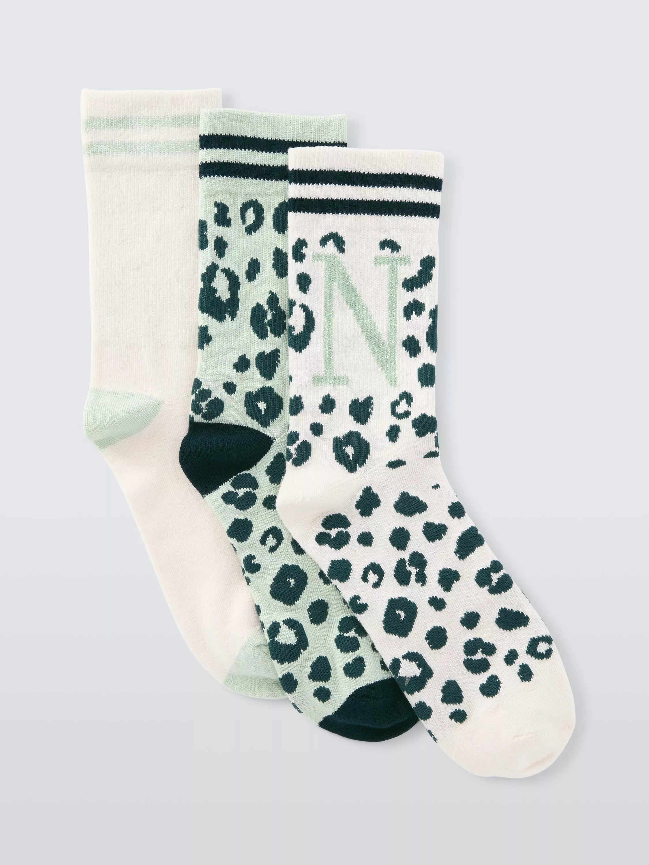 John Lewis Animal Print Alphabet Ankle Socks, Pack of 3, Green/Multi
