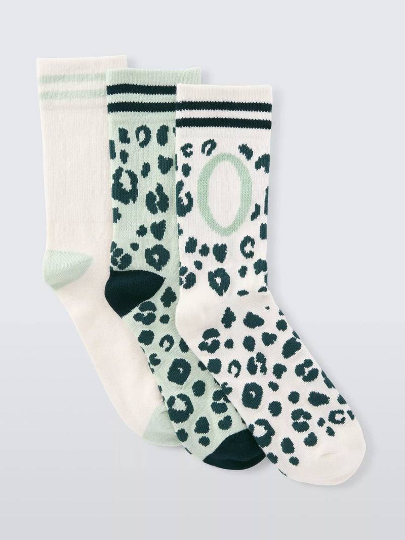 John Lewis Animal Print Alphabet Ankle Socks, Pack of 3, Green/Multi