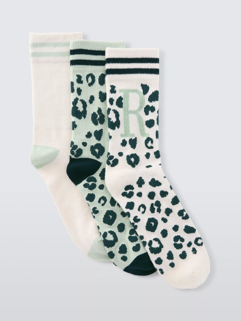 John Lewis Animal Print Alphabet Ankle Socks, Pack of 3, Green/Multi