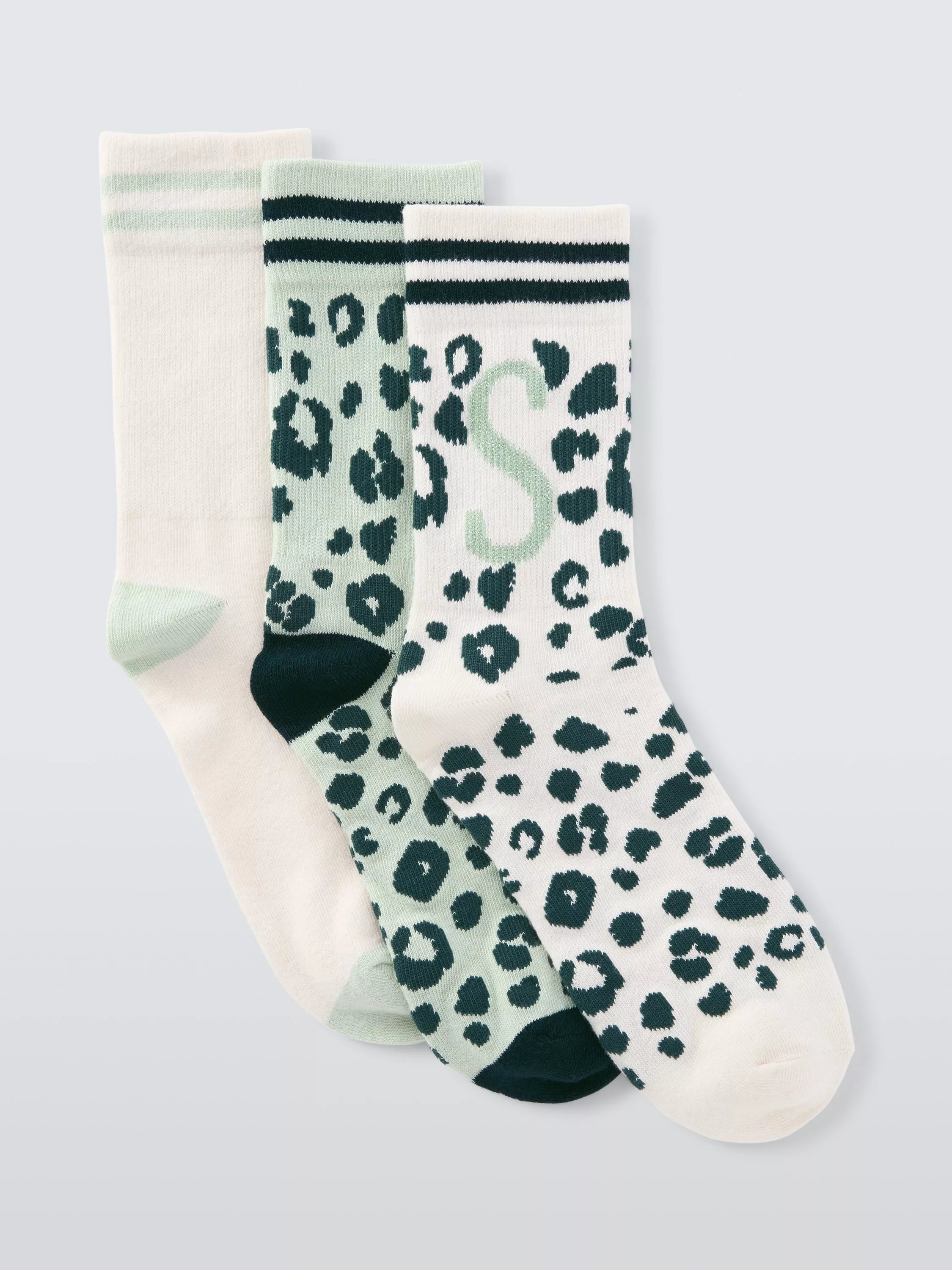 John Lewis Animal Print Alphabet Ankle Socks, Pack of 3, Green/Multi