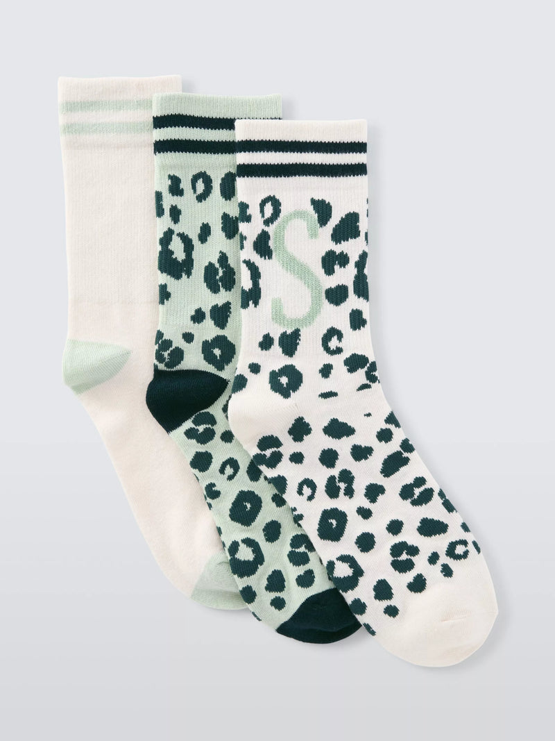 John Lewis Animal Print Alphabet Ankle Socks, Pack of 3, Green/Multi