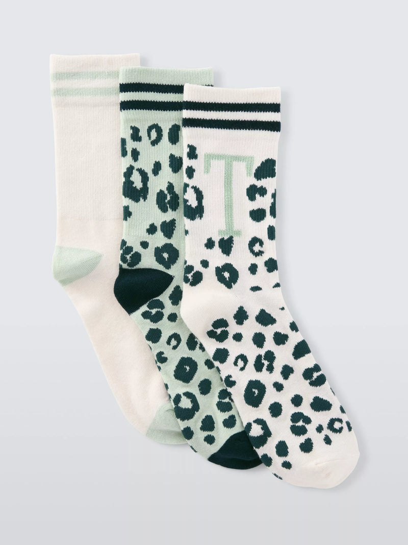 John Lewis Animal Print Alphabet Ankle Socks, Pack of 3, Green/Multi