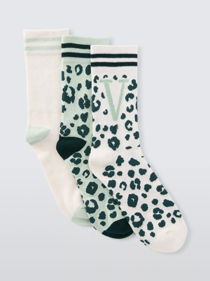 John Lewis Animal Print Alphabet Ankle Socks, Pack of 3, Green/Multi