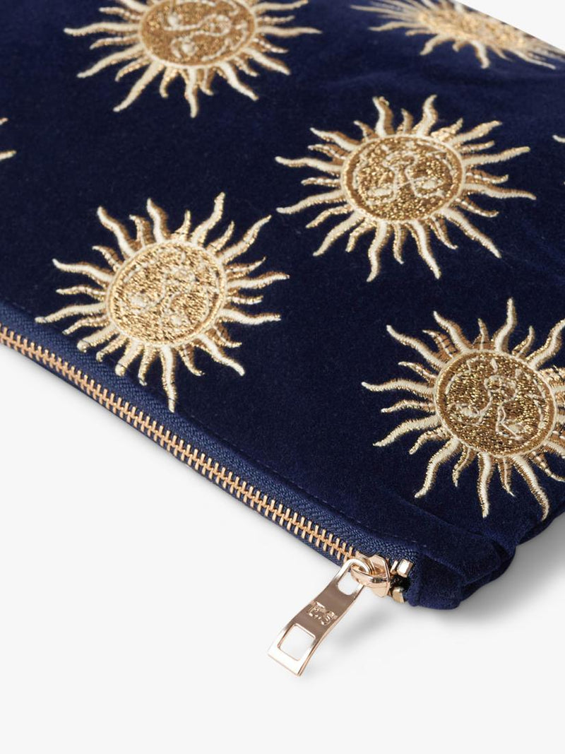 Elizabeth Scarlett Sun Goddess velvet pouch in navy - British product