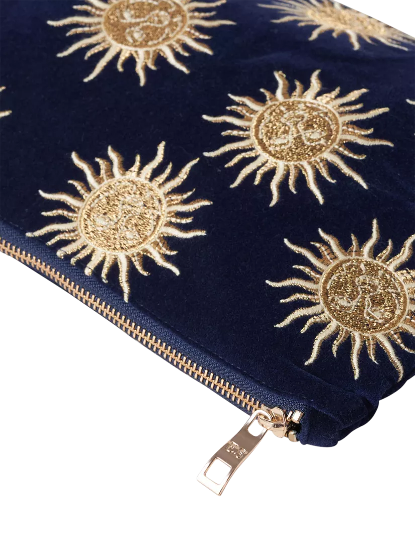 Elizabeth Scarlett Sun Goddess velvet pouch in navy - British product